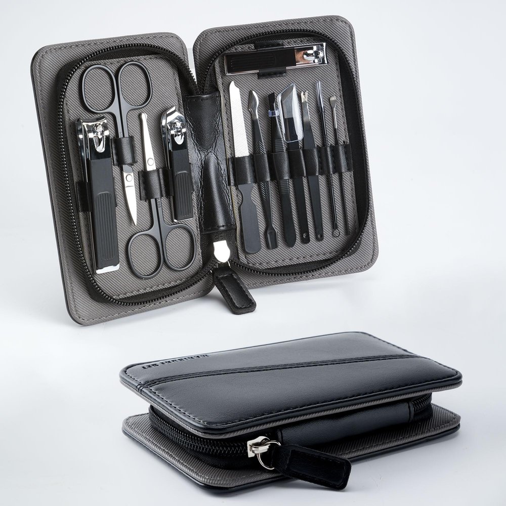 12 in 1 Mens Manicure Set in PU Leather Case, Stocking Stuffers for Adults, Birthday, Christmas Gift, Nail Grooming Kit for Men, Husband, Dad, Boyfriend (Black)