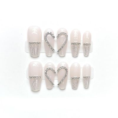 ZIIVIEVS Full Diamond Nail Decoration Dove Bridal Wedding Nail Handmade Wearing Nail Decoration Removable False Nail Patch(Light Pink,XS)