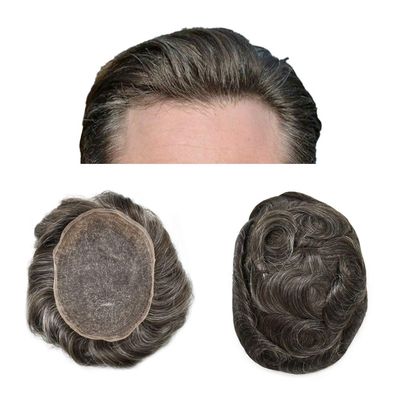 Full Lace Mens Toupee Human Hair Systems Man's Hairpieces French Lace Male Hair Repalcement Hair Pieces For Man (#230 Darkest Brown Mixed 30% Grey, 8"x10"-100% Light to Medium Light Density)