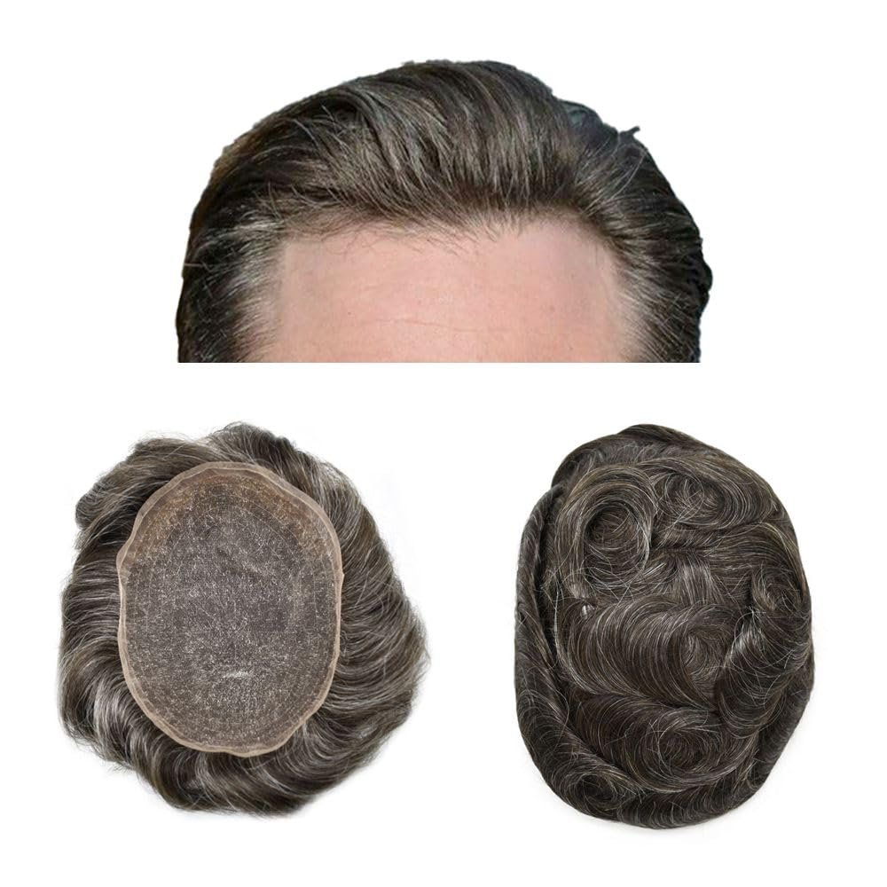 Full Lace Mens Toupee Human Hair Systems Man's Hairpieces French Lace Male Hair Repalcement Hair Pieces For Man (#230 Darkest Brown Mixed 30% Grey, 8"x10"-100% Light to Medium Light Density)