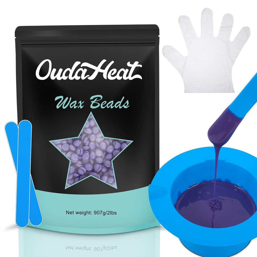 2lb Hard Wax Beads, Stripless Wax Bead for Sensitive Skin, Professional Brazilian Waxing Beads, Bikini, Body, Face, Legs, Back, Chest, Coarse Hair Removal, At-Home Salon, 1 Silicone Pot and 5 Sticks