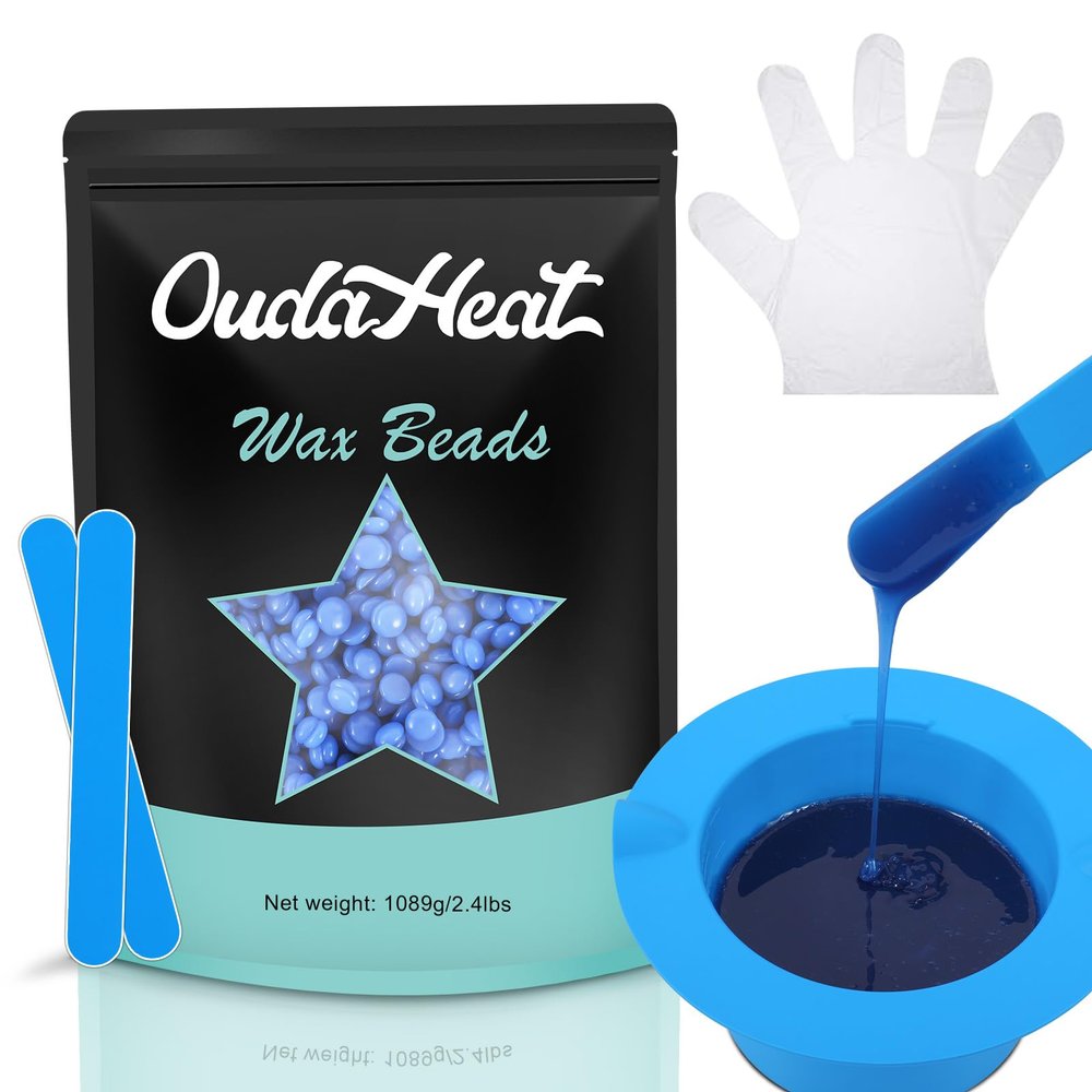 2.4 lb Hard Wax Beads Bulk, Professional Rosin-Free Brazilian Waxing Bead, Hypoallergenic Hair Removal Wax Bead for Sensitive Skin, Body, Bikini, Legs, Wax Beans Refill, 1 Silicone Pot and 5 Sticks
