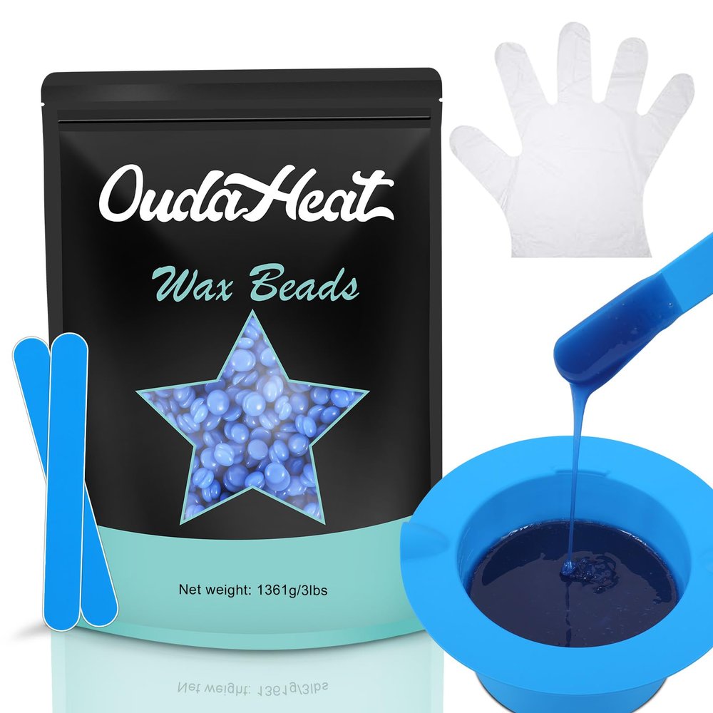 3lb Bulk Hard Wax Beads, Professional Waxing Bead for Brazilian, Bikini, Body, Face, Legs, Coarse Hair Hair Removal, Stripless Wax beans, Salons Supplier Wax Bead Refill, 1 Silicone Pot and 5 Sticks