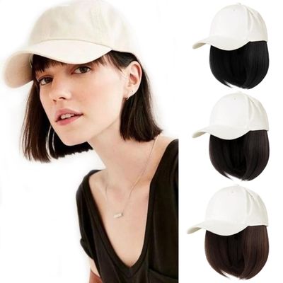 10" Beige Baseball Cap with Hair Extensions Short Bob Hairstyle Adjustable Hat Wig Attached Synthetic Hairpiece for Women Daily Use Black Hair