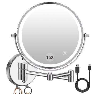 Amelar 1/15 Wall Mounted LED Makeup Mirror Magnifying Makeup Mirror 3500 mAh Rechargeable, Touch Dimmable 3 Color Lights, 8 Double Sided 360 Rotation, Ideal for Hotel and Bathroom