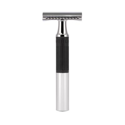 MHLE NEO safety razor|double edge safety razor for beginners and experienced shavers|sustainable eco-friendly and reusable|for men and women|chrome with black silicone grip handle