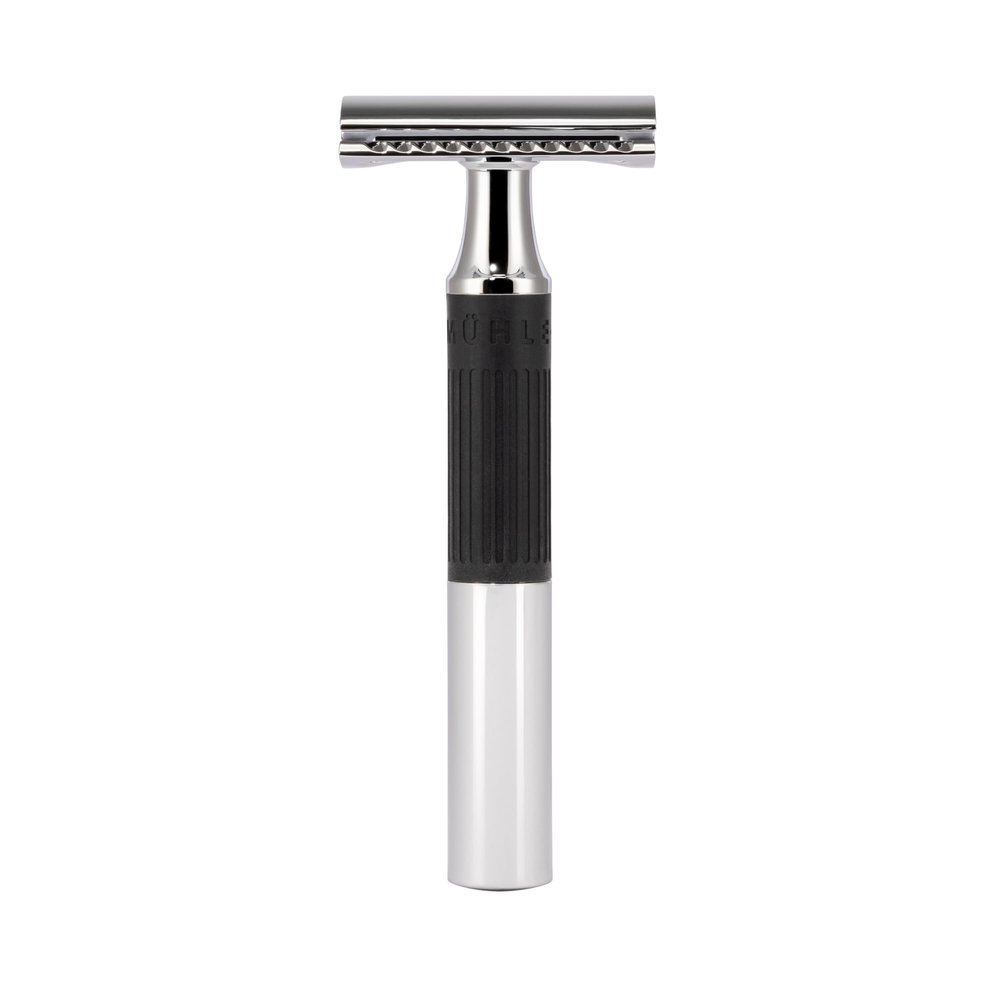 MHLE NEO safety razor|double edge safety razor for beginners and experienced shavers|sustainable eco-friendly and reusable|for men and women|chrome with black silicone grip handle