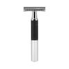MHLE NEO safety razor|double edge safety razor for beginners and experienced shavers|sustainable eco-friendly and reusable|for men and women|chrome with black silicone grip handle view 1