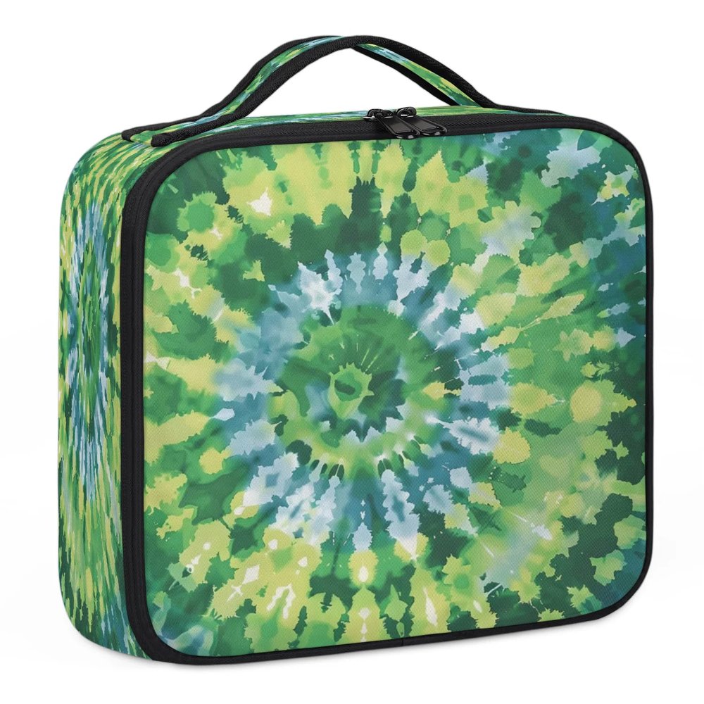 CURLYOOT Tie Dye Green Travel Makeup Train Case Cosmetic Bag Organizer Portable Storage Bag with Adjustable Dividers for Cosmetics Makeup Brushes Toiletry Jewelry