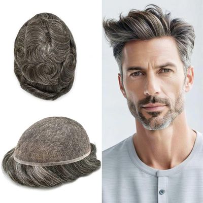 Healthlif Mens Toupee Remy Human Hair Full Swiss Lace Toupee Bleached Knot Hair Piece For Men Hair Replacement System For Men Hairpiece Toupee 7x9#240#2 Darkest Brown+40% Grey 80% Density