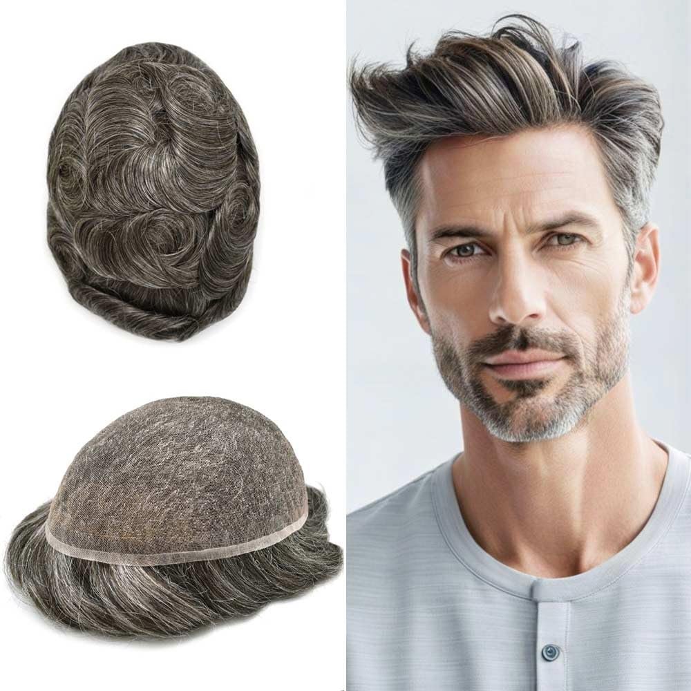 Healthlif Mens Toupee Remy Human Hair Full Swiss Lace Toupee Bleached Knot Hair Piece For Men Hair Replacement System For Men Hairpiece Toupee 7x9#240#2 Darkest Brown+40% Grey 80% Density