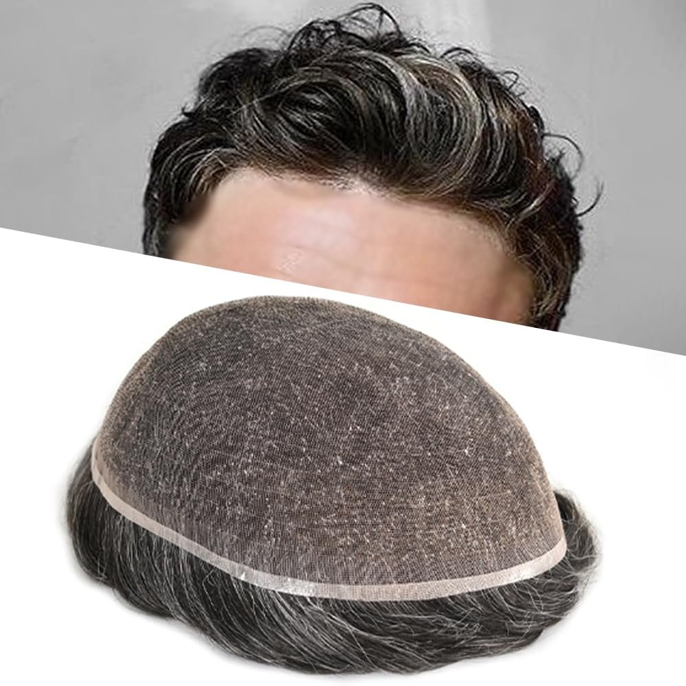 Healthlif Mens Toupee Remy Human Hair Full Swiss Lace Toupee Bleached Knot Hair Piece For Men Hair Replacement System For Men Hairpiece Toupee 7x9#1B40#1B Off Black+40% Grey 120% Density