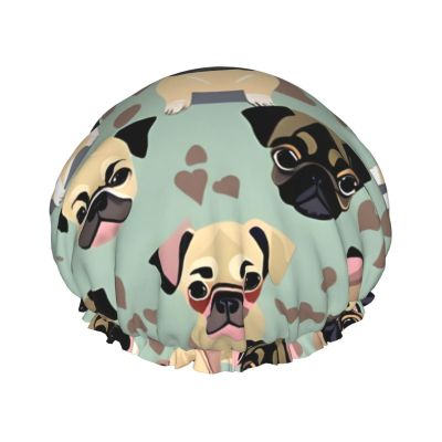 Cute Chihuahua Pug Pattern Shower Cap For Women, Reusable Shower Cap, Waterproof Bath Cap For Women Long Hair