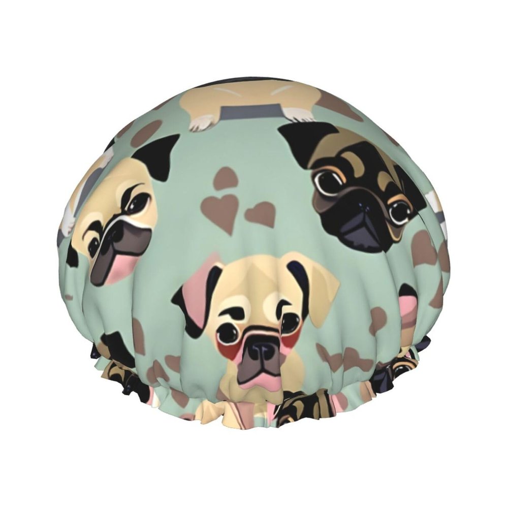Cute Chihuahua Pug Pattern Shower Cap For Women, Reusable Shower Cap, Waterproof Bath Cap For Women Long Hair
