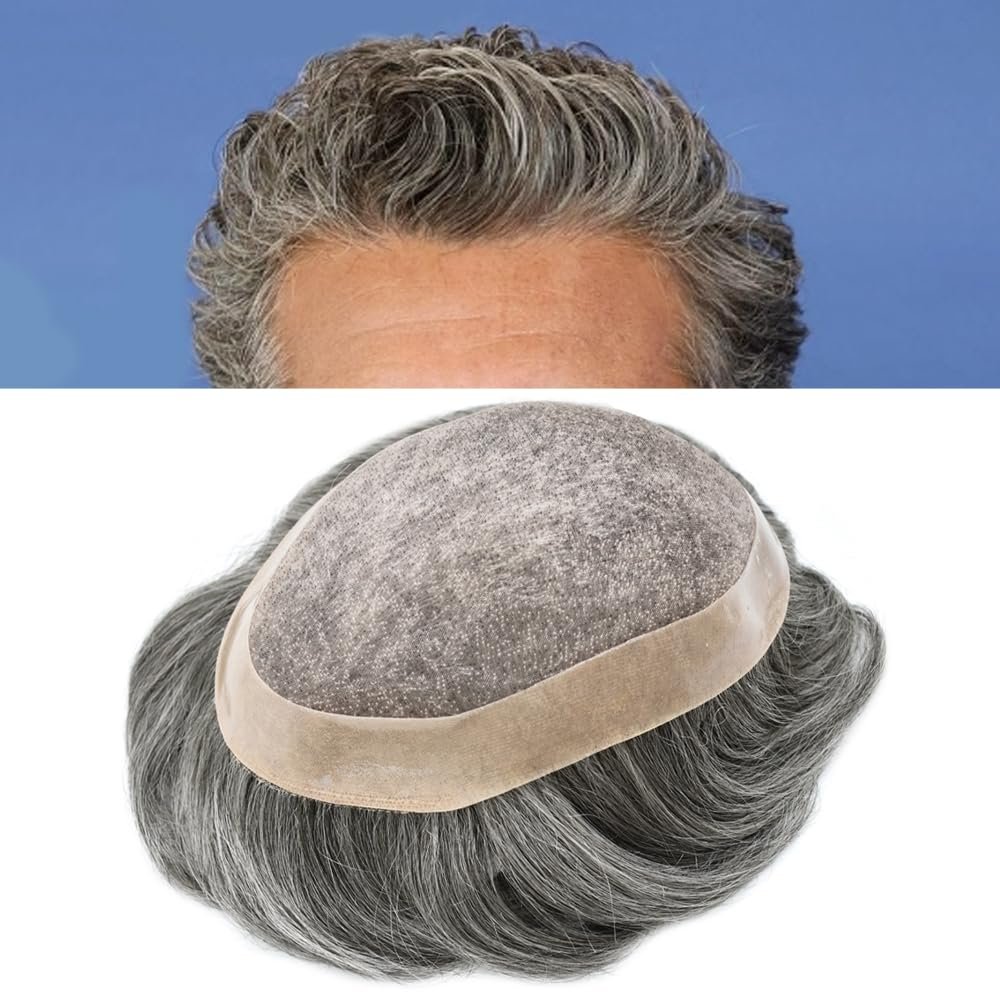 Hair Wonders Mens Toupee Hair Replacement System For Men Hairpieces Fine Mono Toupee For Men Real Human Hair Pieces For Men Hair Systems 8x10 Medium light density #1B60 1B# OFF BLACK+60% GREY