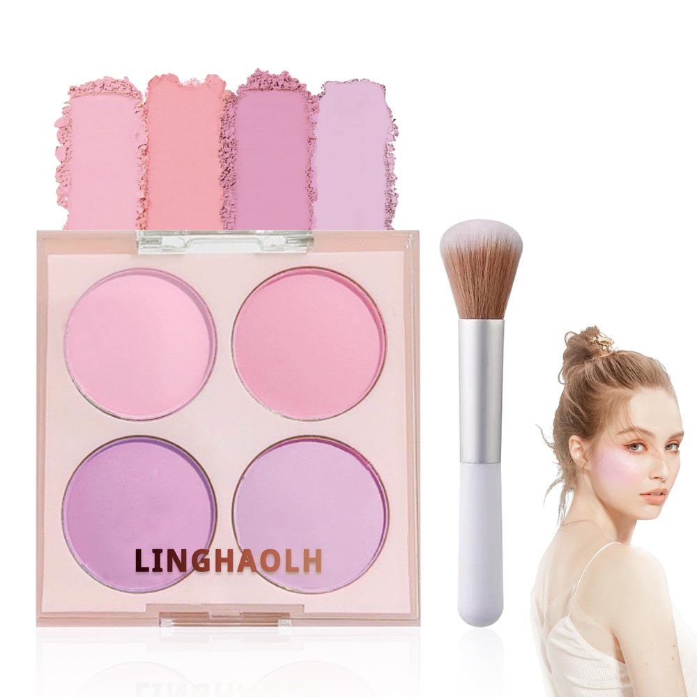 4 Colors Blush Palette for Cheeks - Face Matte Contour Makeup Palette, Buildable Shimmer Facial Cheek Blusher Shades, Blendable Cosmetic With Brush 02