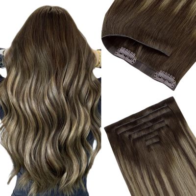GOO GOO Invisi Edge Clip in Hair Extensions 18inch 130g 7Pcs Injected Seamless PU Clip in Hair Extensions, Virgin Real Human Hair, 4/26/4 Balayage Chocolate Brown to Honey Blonde