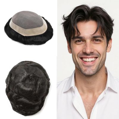 Hair Wonders Mens Toupee Hair Replacement System Fine Mono Toupee For Men Real Human Hair Pieces For Men Hair Systems Monofilament 9x11 Medium light density 1# JET BLACK