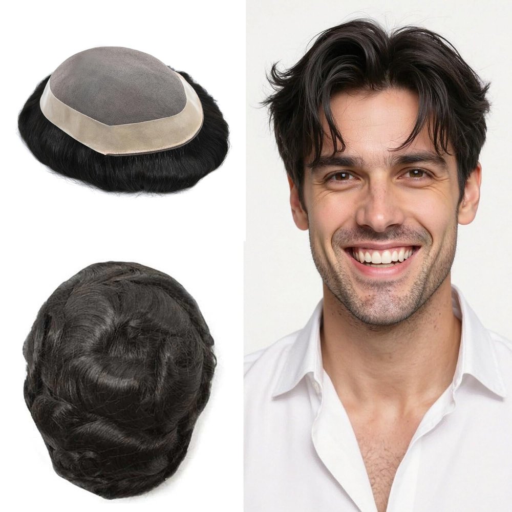 Hair Wonders Mens Toupee Hair Replacement System Fine Mono Toupee For Men Real Human Hair Pieces For Men Hair Systems Monofilament 9x11 Medium light density 1# JET BLACK