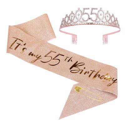 JasperKino 55th Women Birthday Sash and Tiara Set Rose Gold Birthday Sash Crown Birthday Party Favors Supplies for Women Birthday Party