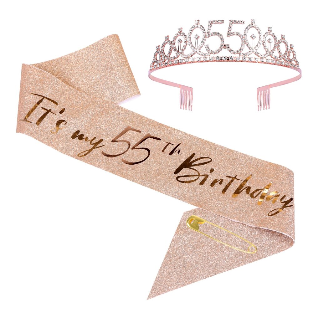 JasperKino 55th Women Birthday Sash and Tiara Set Rose Gold Birthday Sash Crown Birthday Party Favors Supplies for Women Birthday Party