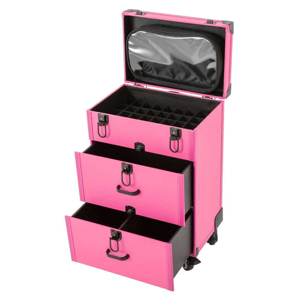 FALUSHAN Rolling Makeup Case,Large Storage Cosmetic Trolley with Swivel Wheels & 4 Locks, 3 Layer Rolling Makeup Case Cosmetic Storage for Travel Makeup, Makeup Artists, Both Beginner (Rose Red)