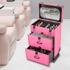 FALUSHAN Rolling Makeup Case,Large Storage Cosmetic Trolley with Swivel Wheels & 4 Locks, 3 Layer Rolling Makeup Case Cosmetic Storage for Travel Makeup, Makeup Artists, Both Beginner (Rose Red) view 4