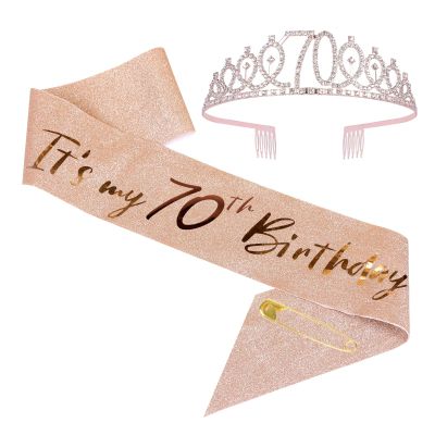 JasperKino 70th Women Birthday Sash and Tiara Set Rose Gold Sash Crown Party Favors Supplies for Women Party