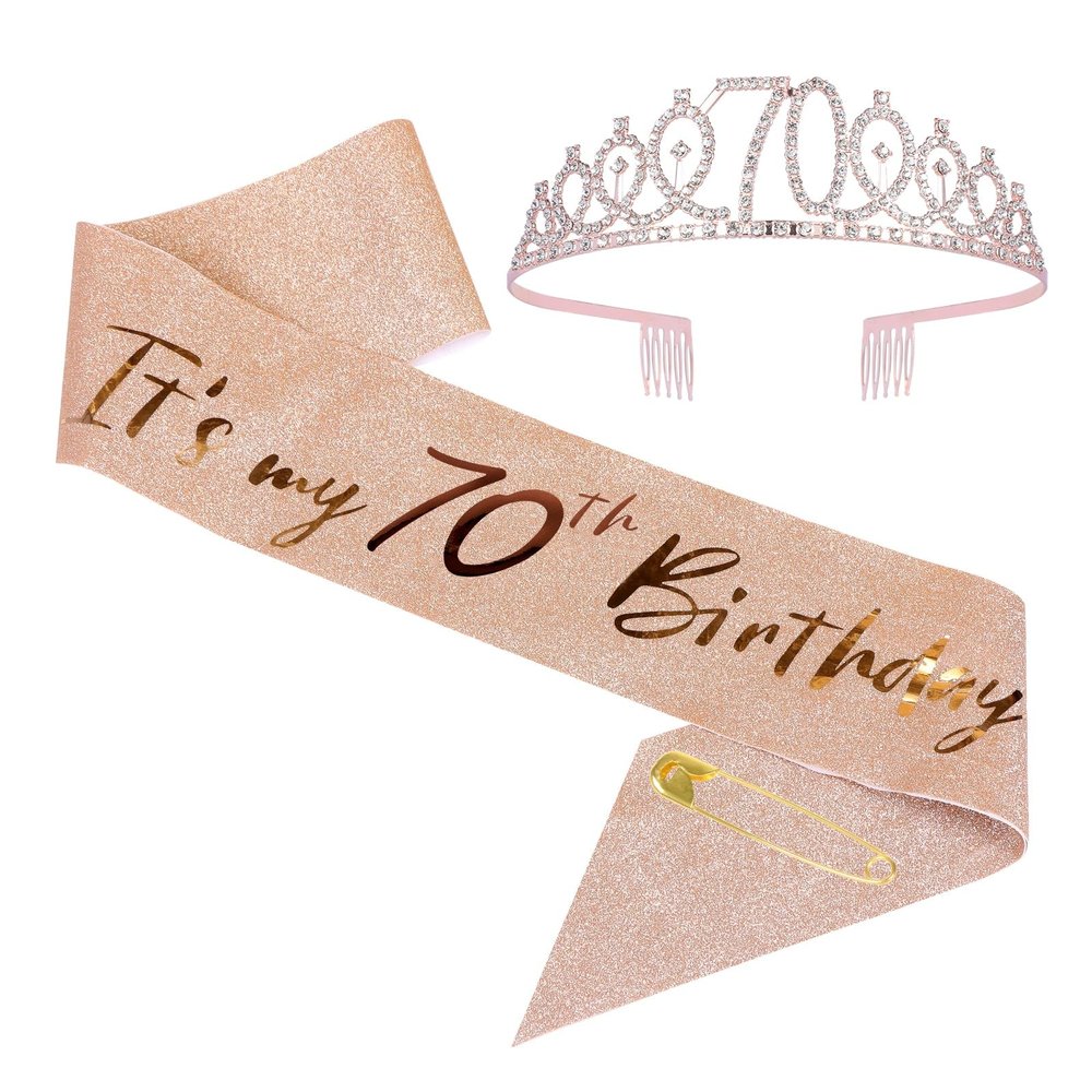 JasperKino 70th Women Birthday Sash and Tiara Set Rose Gold Sash Crown Party Favors Supplies for Women Party