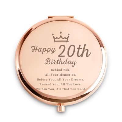 20th Happy Birthday Gifts for Women, Best Female Presents for 20 Year Old Her Daughter Niece Granddaughter Sister Girlfriend Friend, Personalized Engraved Compact Mirror Gift Ideas