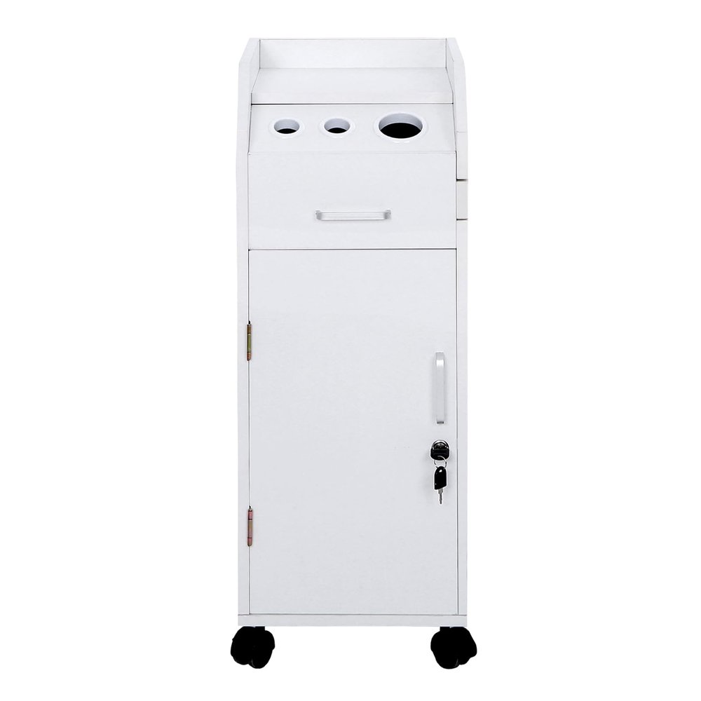EMILOREY Salon Trolley Cart with Wheels, Hair Salon Storage Cart with Wheels & 3 Hair Dryer Holders & 4 Drawers & Lock & 2 Keys, Hairdressing Tools Station Mobile Makeup Case, White