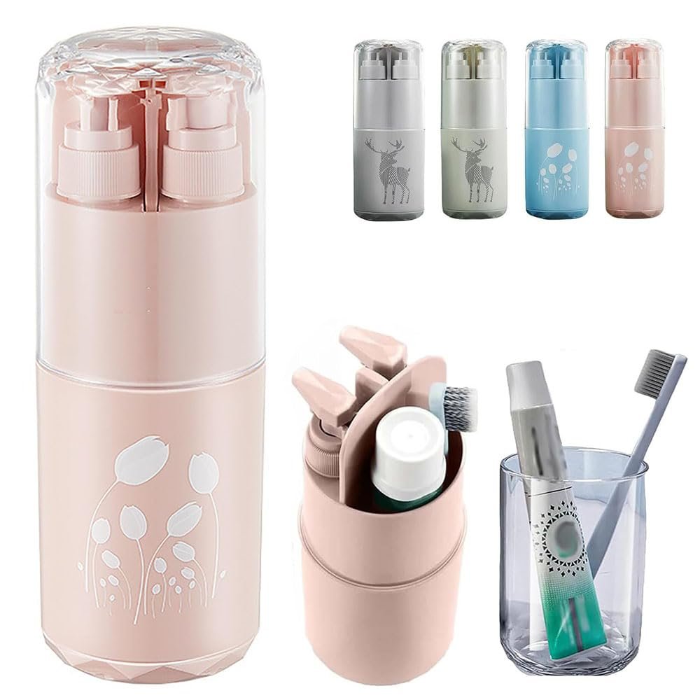 8-in-1 Toiletry Set for Minimalist Portable Travel Toiletry Cup Set, Minimalist & Organized Travel Multifunctional Toothbrush Cup with Pump Bottle, Mirror, Comb. (d)