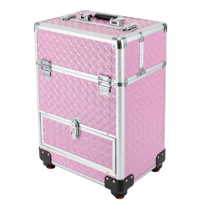 RocoReny 3in1 Rolling Makeup Train Case,Aluminum Trolley Case with 360 Rotation Wheels for Professional Salon Barber Traveling Cart Trunk Cosmetic Beauty Storage (Pink 18.5in)