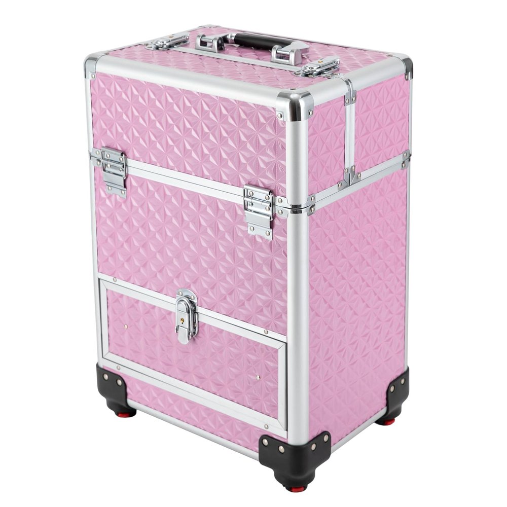 RocoReny 3in1 Rolling Makeup Train Case,Aluminum Trolley Case with 360 Rotation Wheels for Professional Salon Barber Traveling Cart Trunk Cosmetic Beauty Storage (Pink 18.5in)