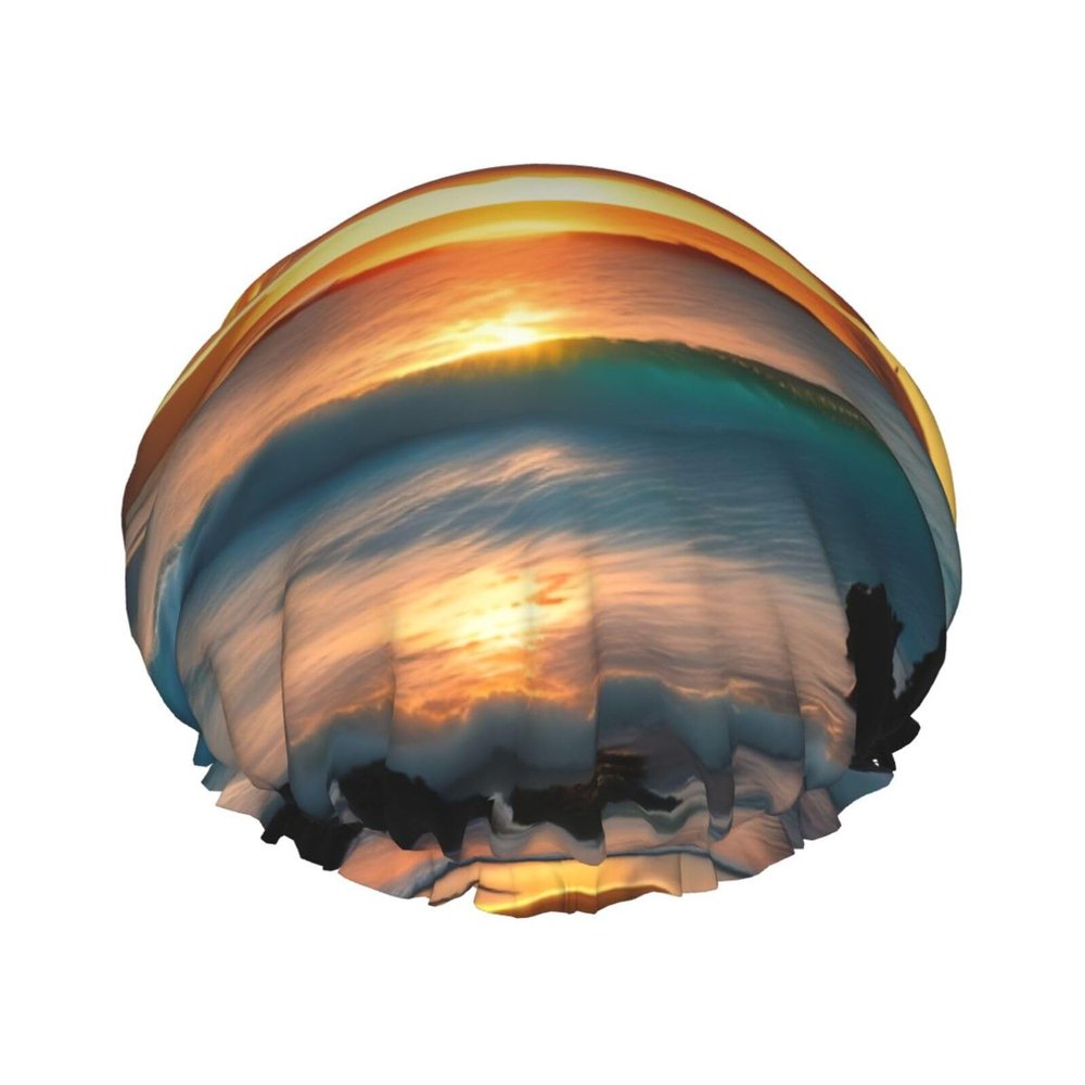 Beach Maui Hawaii Sunset Sea Waves Clouds Shower Caps, Waterproof Bath Caps Reusable Shower Caps Band Bath Hair Hat For Women Ladies