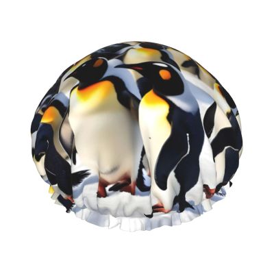 Happy Penguins Shower Cap For Women, Reusable Shower Cap, Waterproof Bath Cap For Women Long Hair