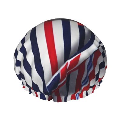 Red Blue White Gray Stripes Shower Cap For Women, Reusable Shower Cap, Waterproof Bath Cap For Women Long Hair