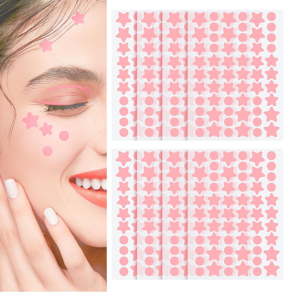 Cute Pink Star Patches For Face, Facial Scar Cover Star Stickers Patches, Star Concealer Stickers Mild Non-Irritating Breathable Waterproof Specification Size For Face (Round,Star, 3 Sizes /480 PCS)
