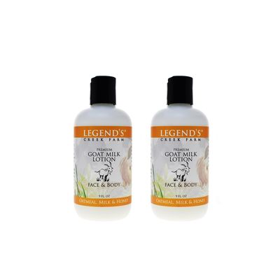 Legend's Creek Farm Goat Milk Lotion - Moisturizing Goat Milk Body Lotion for Body, Hand & Face - 9 oz Body Moisturizer with Shea Butter, Sunflower Oil, Aloe (2-Pack, Oatmeal, Milk & Honey)