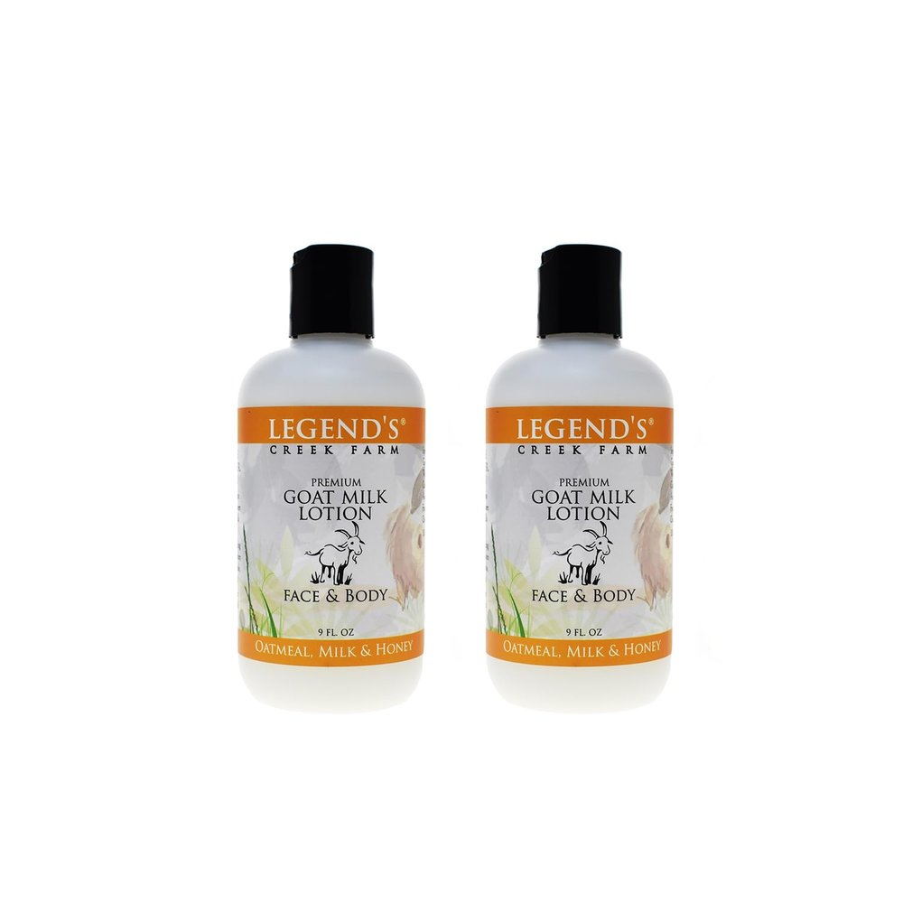 Legend's Creek Farm Goat Milk Lotion - Moisturizing Goat Milk Body Lotion for Body, Hand & Face - 9 oz Body Moisturizer with Shea Butter, Sunflower Oil, Aloe (2-Pack, Oatmeal, Milk & Honey)
