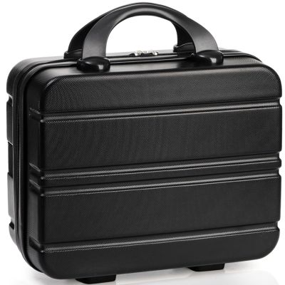 Acshio Mini Hard Shell Cosmetic Travel Case, 12 Inch Small Portable Makeup Train Case with Elastic Band Handle, Pressure-proof ABS Carrying Suitcase Toiletry Box for Travel, Camping, Black