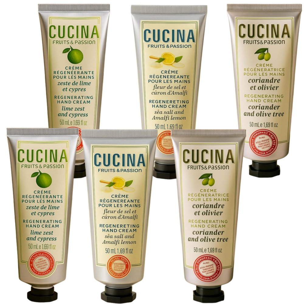 Cucina 6 Pack Regenerating Hand Cream Fruits & Passion Travel Size Set | Coriander Olive Tree | Lime Zest Cypress | Sea Salt Amalfi Lemon