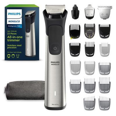 Norelco Philips All-in-One 7000 Series 23-Piece Trimmer - Electric Shaver and Clipper for Face, Beard, Head & Body, Self-Sharpening Titanium Blades, 26 Length Settings (0.5-16 mm), MG7970/49