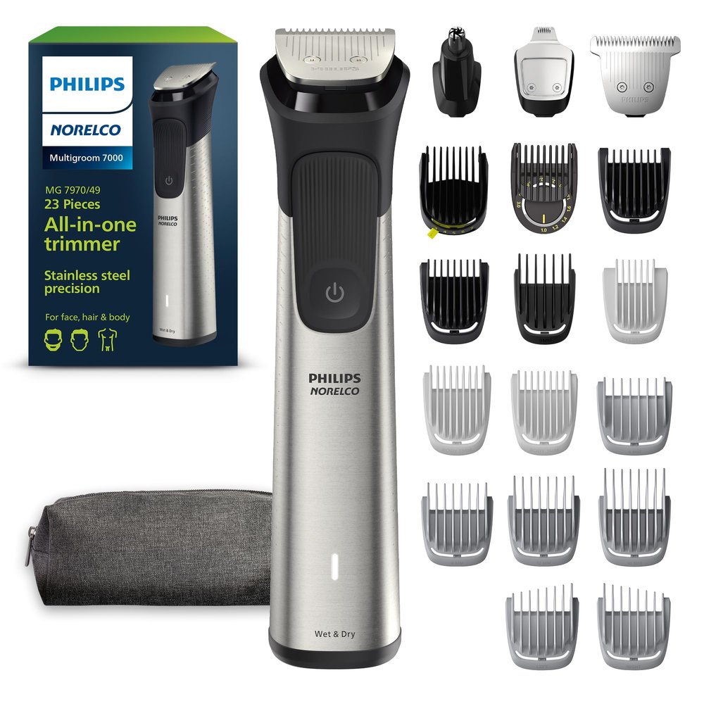 Norelco Philips All-in-One 7000 Series 23-Piece Trimmer - Electric Shaver and Clipper for Face, Beard, Head & Body, Self-Sharpening Titanium Blades, 26 Length Settings (0.5-16 mm), MG7970/49