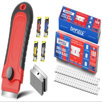 DIYSELF 1 Pack Razor Blade Scraper(Red) and 200 Pcs Single Edge Razor Blades