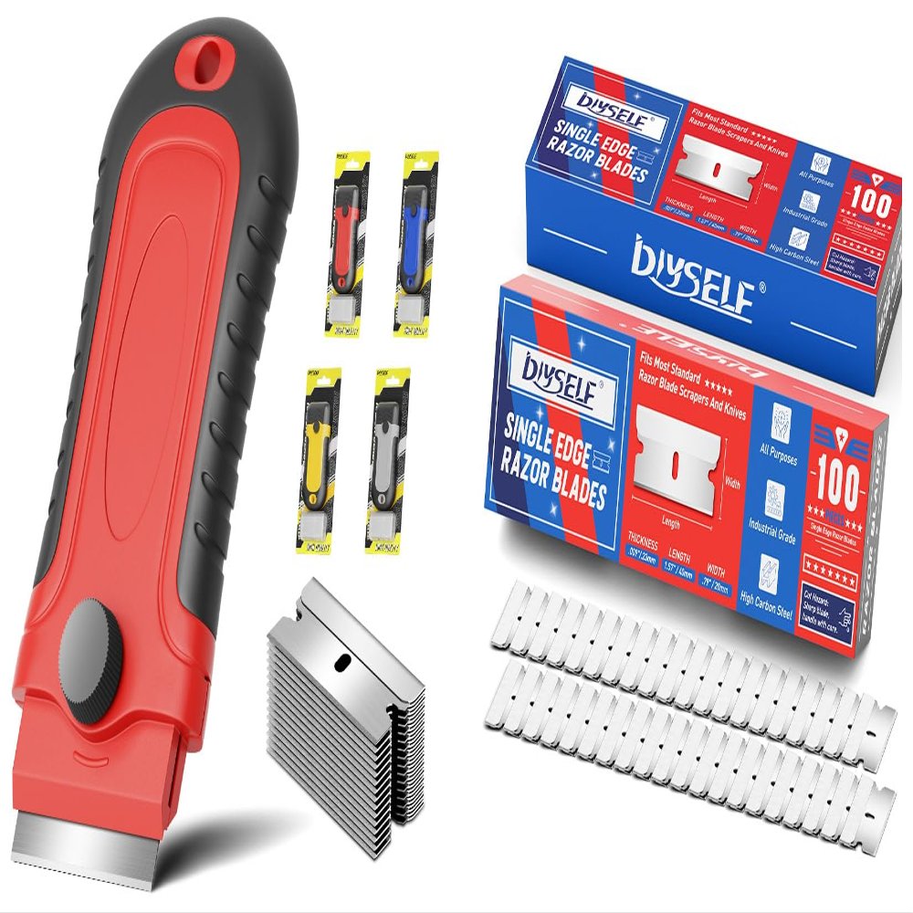 DIYSELF 1 Pack Razor Blade Scraper(Red) and 200 Pcs Single Edge Razor Blades