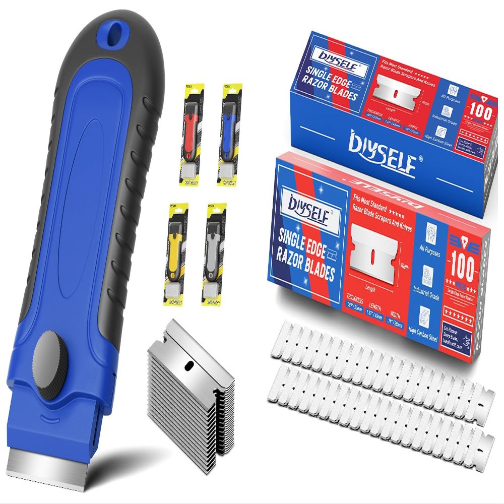 DIYSELF 1 Pack Razor Blade Scraper(Blue) and 200 Pcs Single Edge Razor Blades