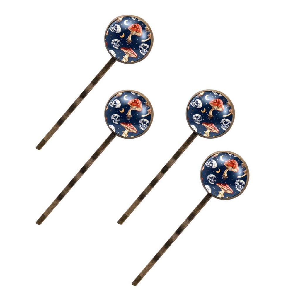 4 PCS Womens Hair Barrettes, Mushrooms Moon and Skulls Long Bobby Hair Pins for Girls, Stainless Steel Hair Clips Headwear Styling Tools Hair Accessories