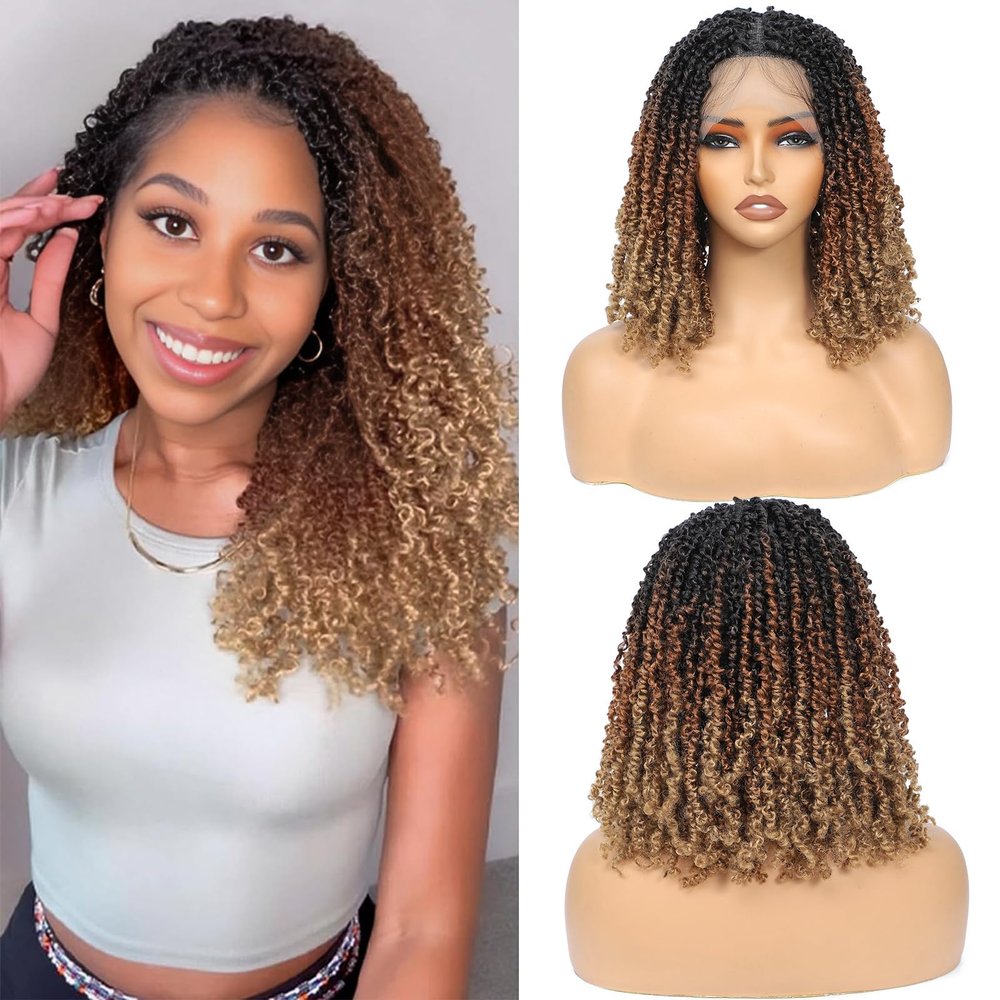 12-Inch Pre-looped Yanky Twists Full lace Braided Wigs for Black Women Ombre Brown Bohemian Spring Twists Hair Passion Twist Wigs with Curls Synthetic Marleybob Crochet Braids Hair Wigs T1B/30/27