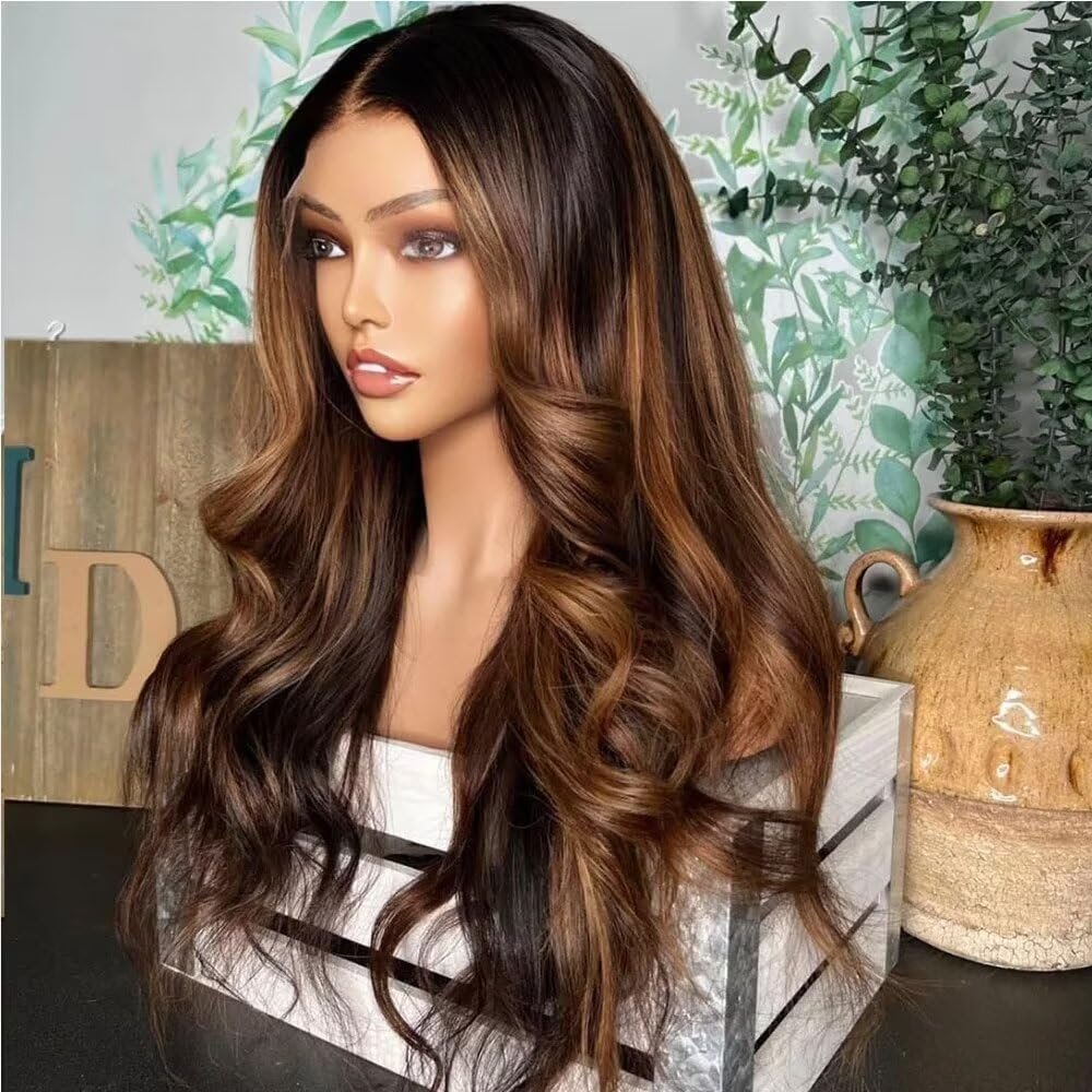 oulaer #1b30 Highlight Natural Wave Transparent Lace Front Human Hair Wig 13X6 Pre Plucked Brazilian Virgin Hair with Baby Hair Natural Hairline Wig Body Wave Wig 150% Density 16Inch